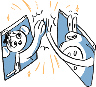 Illustration of two characters high-fiving through laptop screens