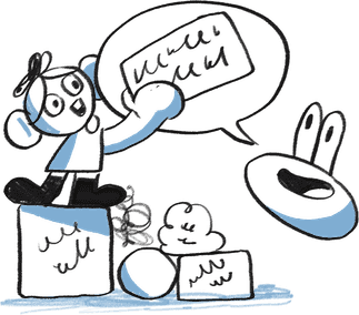 Illustration of a character telling a story to a delighted audience