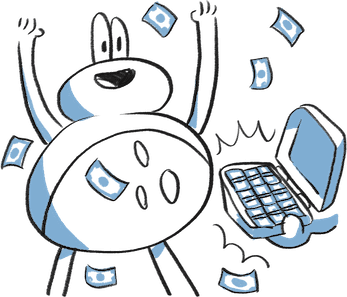 Illustration of a delighted character as money flies from a laptop