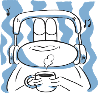 Illustration of a content character wearing headphones with a hot drink